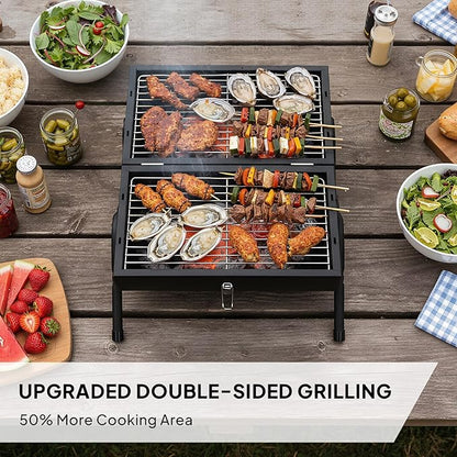 Portable Charcoal Grill with Double Sided Grilling Area, Small Portable BBQ Grill for Outdoor Camping BBQ Cooking Backyard Party, Tabletop Barbecue Grill, Black