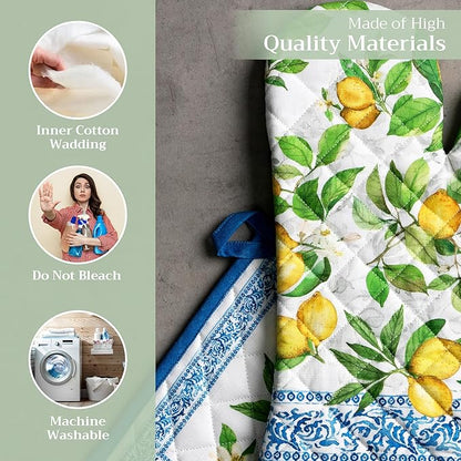 Maison d' Hermine 100% Cotton Oven Mitt & Pot Holder Set (7.5"x13" & 8"x8") Heat Resistant BBQ Cooking Gloves with Loop Baking Grilling Kitchen Hotel Home Farmhouse Spring Summer (Cedrat)