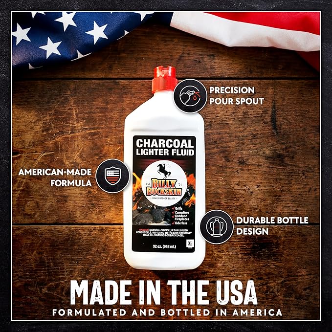 Charcoal Lighter Fluid (1 Quart) - Clean Burning, Low Odor & Fast Lighting Lighter Fuel - Perfect Fire Starter Fluid for Outdoor BBQ, Grilling, Camping, Charcoal & Wood Fires by Billy Buckskin