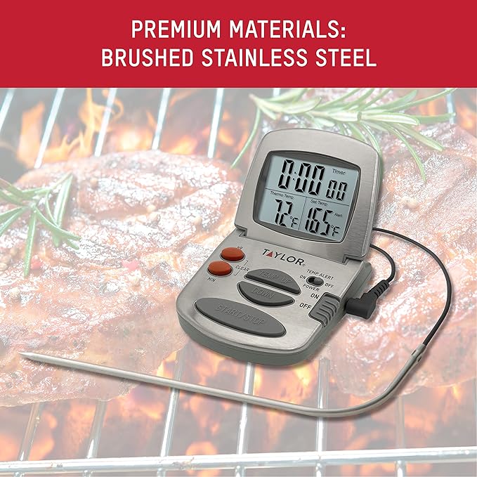 Taylor Programmable Instant-Read Wired Probe Digital Meat Thermometer, Stainless Steel for BBQ, Grill, Kitchen Cooking, Accurate Temperature Readings