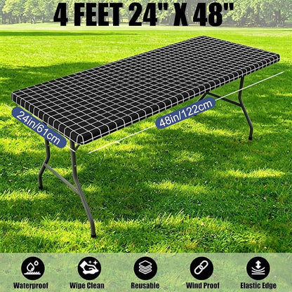 Smiry 2 Pack Rectangle Table Cloth 4 Foot, Waterproof Elastic Fitted Tablecloths, Windproof Washable Polyester Table Cover for Picnic, Camping, Outdoor (Black & White, 24"x48")