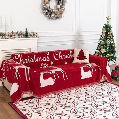 MYSKY HOME Christmas Couch Cover for Dogs, Washable Couch Covers, Non Slip Sofa Slipcover, Couch Cover 2 Cushion Sofa Dogs Furniture Protector, Chenille Sofa Covers for Pets, Kids, 71"x102", Red
