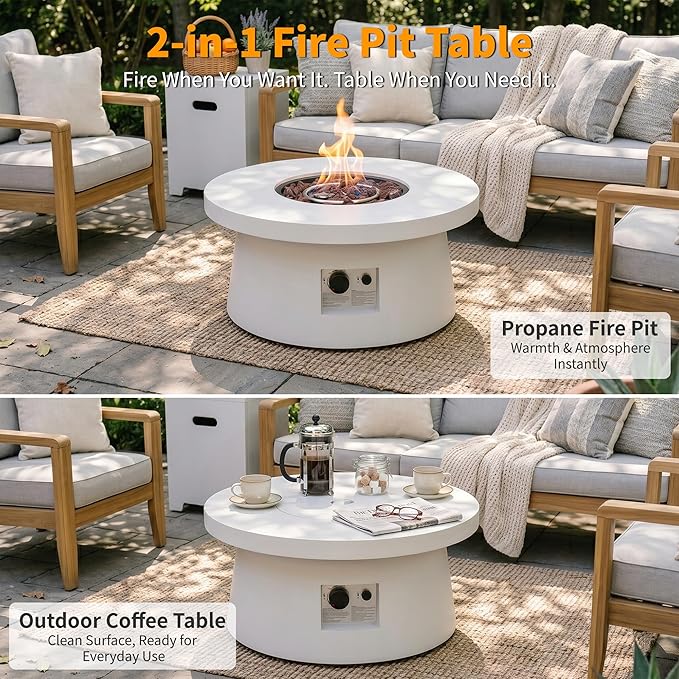 HOTEAGLE 30" Outdoor Propane Fire Pit Table w Tank Table, 50000 BTU CSA Certified Round Iron Gas Fire Pit, Removable Lid, Lava Rocks and Rain Cover for Patio Backyard Garden Pool