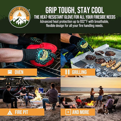 Fireside Outdoor Thermal BBQ Gloves Heat Resistant Cooking - Thermal Grill Gloves, Oven Mitts Heat Resistant, Oven Glove for Campfire Grilling, BBQ Mitts, Meat Smoking Accessories - 932°F Resistance