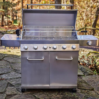 Monument Grills 77352 6+1 Burner Stainless Steel Cabinet Style Propane Gas Grill with Knob Controls, Side Burner, Built-In Thermometer, and Rotisserie Kit