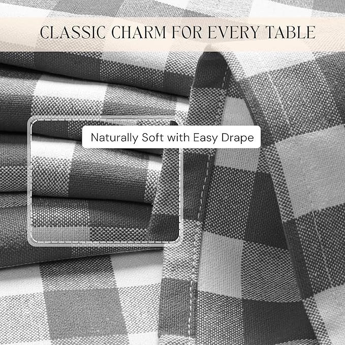 Gingham Buffalo Check 60"x84" Tablecloth 100% Cotton Washable Rustic Rectangle Table Cover Decorative for Gifts, Dining, BBQ, Buffet Parties & Camping - Grey