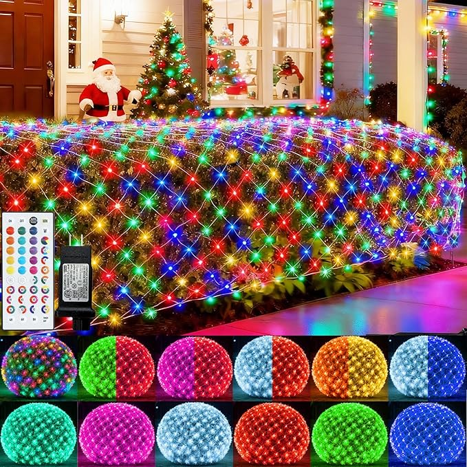 Pooqla RGB Christmas Net Lights, Color Changing Outdoor LED Mesh Lights, 14.8x4.9 ft 240 LED Christmas Outdoor Net Light, Connectable Plug in Waterproof Tree Light Bushes Decor