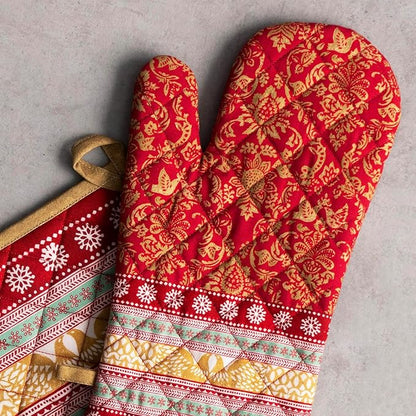 Maison d' Hermine 100% Cotton Oven Mitt & Pot Holder Set (7.5"x13" & 8"x8") Heat Resistant BBQ Cooking Gloves with Loop for Thanksgiving Christmas Decorations Handling Hot Pans (Sofia)