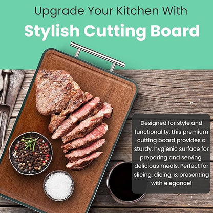Double-Sided Cutting Board – Generously Sized Stainless Steel & Ebony Wood, Non-Slip Chopping Board with Juice Groove – 2-in-1 Cutting board for Fish, Meat, Vegetables, BBQ, Charcuterie.