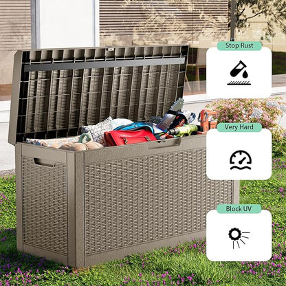 Waterproof Outdoor Storage Box, 70 Gallon Lockable Deck Box, UV-Resistant Outside Storage Bin With Hydraulic Lid For Patio Furniture, Cushion Organizer, Garden Tools, Pool Accessories, Grey