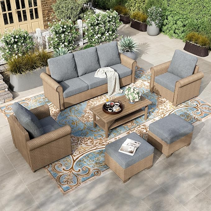 HERA'S HOUSE Patio Furniture Set, 4 x Cushioned Chairs, 3-Seat Sofa with Wood Grain Coffee Table, 5 Seats Luxury Windsor Style All Weahter Outdoor Sofa Conversation Set for Deck Lawn Backyard