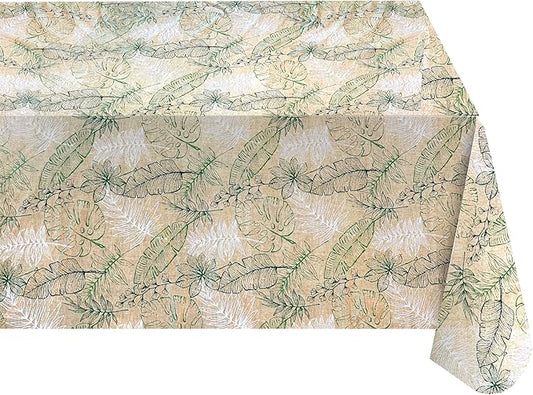 Antigua Tropical Leaf Vinyl Tablecloth – 52 x 70 Inch Rectangle Waterproof Table Cover with Flannel Backing, Wipeable Indoor/Outdoor Summer Flowers Print for Picnics, BBQs, and Holiday Dining