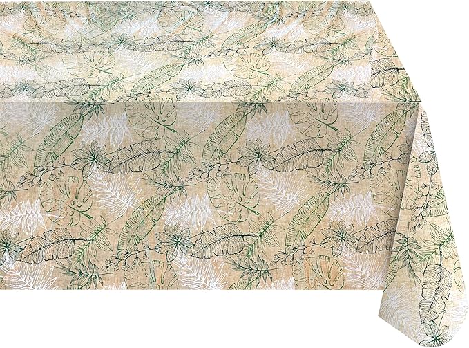Antigua Tropical Leaf Vinyl Tablecloth – 60 x 102 Inch Rectangle Waterproof Table Cover with Flannel Backing, Wipeable Indoor/Outdoor Summer Flowers Print for Picnics, BBQs, and Holiday Dining