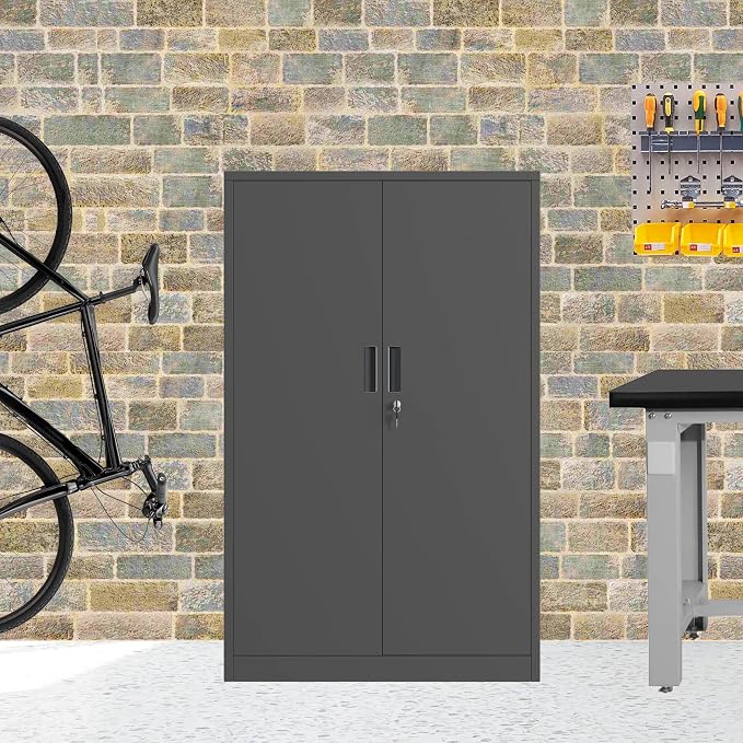 Metal Storage Cabinet with Locking Doors and 3 Adjustable Shelves, 53.5-Inch Lockable Storage Cabinets for Home Office Garage Kitchen Pantry (Black)