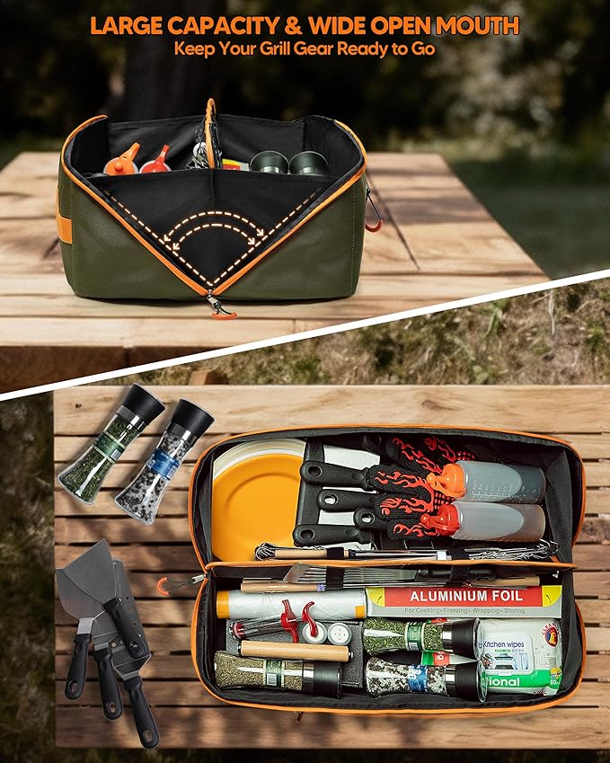 Marscamd 22” Grill Tool Storage Bag with Dual Inner Compartments, Wide-Open Grill Utensil Storage Bag for Grill, Griddle and Barbecue Tools, Green (No Accessories)