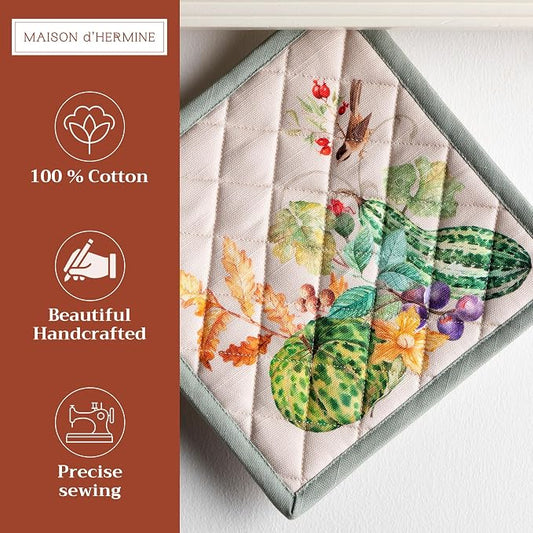 Maison d' Hermine Pot Holders 100% Cotton Potholders (8" x 8", Pack of 1) | Heat Resistant Hot Pads with Loop BBQ Cooking Baking Hotel Kitchen Handling Hot Pans Thanksgiving Christmas - Lumina