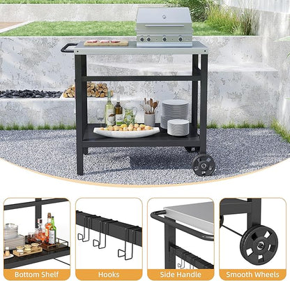 DDK Outdoor BBQ Prep Cart | 2-Tier Grill Table with Stainless Steel Top | Rolling Utility Cart for Patio, Pizza Oven, Grilling & Meal Prep