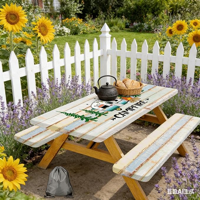 JAWO Rustic Camper Picnic Table Cover with Bench Covers, Flowes Boho Floral Camping RV Essentials Gear Supplies Outdoor Waterproof Windproof Tablecloth with Elastic, 72in