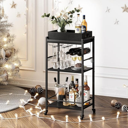 3-Tier Bar Cart with Removable Tray, Small Bar Carts with Wheels, Rolling Beverage Cart, Drink Cart, Black Wine Cart with Wine Rack for Kitchen, Living Room (Black) GBC513B