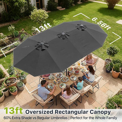 REE SOLDIER 13ft Double Sided Patio Umbrella with Solar Lights (Dark Gray) | Waterproof Fade-Resistant Fabric, Rust-Proof Aluminum Pole, Crank Tilt Adjustment, Ideal For Garden, Yard, Pool, Patio