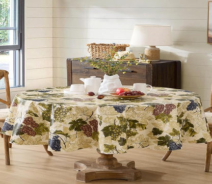 Newbridge 60 x 84 Inch Oval Vinyl Tablecloth with Flannel Backing, Grapevine Print, Grape Theme Indoor Outdoor Waterproof Table Cover, Picnic, Barbeque, Patio and Kitchen Dining