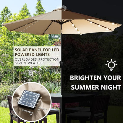 9' Round Patio Umbrella with 32 Solar Powered LED Lights, Push-Button Tilt and Hand Crank Lift, Solar Umbrella in Taupe for Porch, Deck, and Patio by Sun-Ray