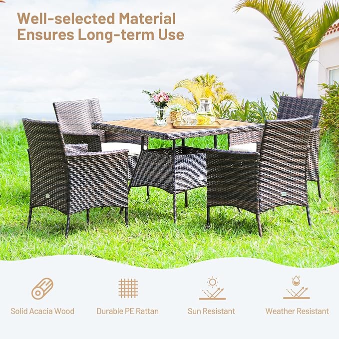 HAPPYGRILL 5 Pieces PE Wicker Patio Dining Set with Table and Chairs with Cushions, Outdoor Patio Furniture Set for Deck, Garden and Backyard (Brown Beige & Wood)