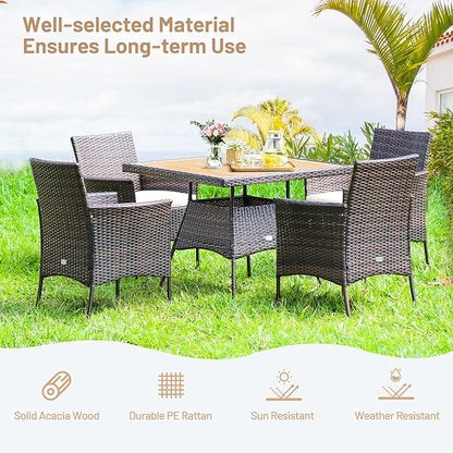 HAPPYGRILL 5 Pieces PE Wicker Patio Dining Set with Table and Chairs with Cushions, Outdoor Patio Furniture Set for Deck, Garden and Backyard (Brown Beige & Wood)
