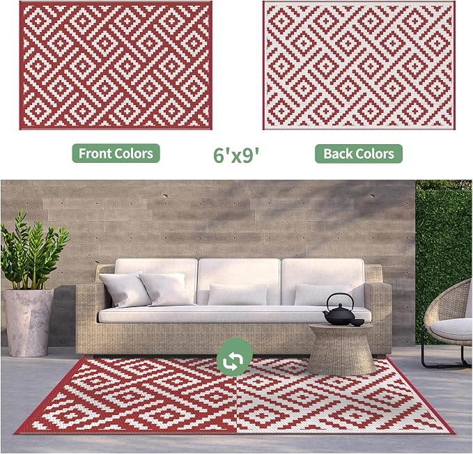 GENIMO Outdoor Rug, Waterproof Plastic Rugs for Patio, 6'x9' Red White | Outside Larger Modern Carpet Mat for Porch Decor, Deck, Balcony, Camping, RV, Backyard, Picnic, Beach, Reversible, Foldable
