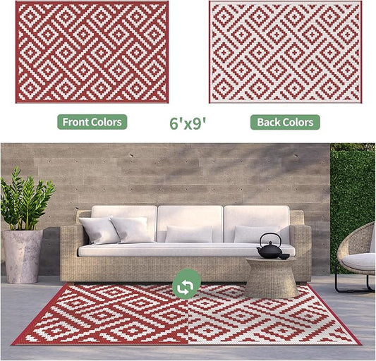 GENIMO Outdoor Rug, Waterproof Plastic Rugs for Patio, 6'x9' Red White | Outside Larger Modern Carpet Mat for Porch Decor, Deck, Balcony, Camping, RV, Backyard, Picnic, Beach, Reversible, Foldable