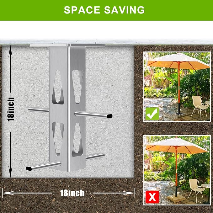 Dolibest Heavy Duty In-Ground Umbrella Base, Universal Steel Rustproof Steel Ground Umbrella Stand, Space-Saver Steel Anchor for Outdoor Offset Cantilever and Middle Pole Patio Umbrellas