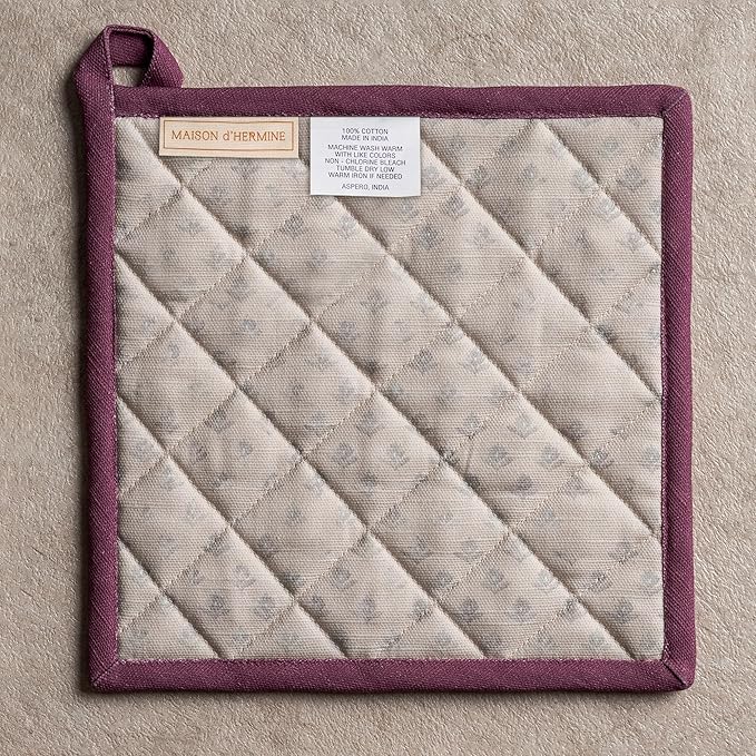 Maison d' Hermine Pot Holders 100% Cotton Heat Resistant Potholders 8" x 8" Hot Pads with Loop BBQ Cooking Baking Hotel Farmhouse Kitchen Handling Hot Pans Spring Summer (Pack of 1, Fanny Lavender)