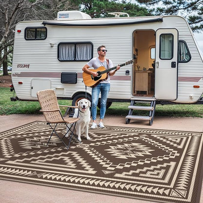 GENIMO Outdoor Rug, Waterproof Plastic Rugs for Patio, 9'x12' Light Beige | Outside Larger Modern Carpet Mat for Porch Decor, Deck, Balcony, Camping, RV, Backyard, Picnic, Beach, Reversible, Foldable