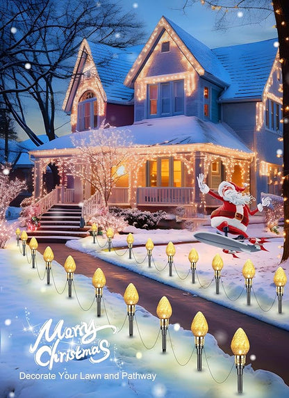 Brightown 2 Pack Strawberry C9 Christmas Pathway Lights Outdoor - Total 34.8 Feet 20 LED Christmas Walkway Lights, Christmas Lights Outdoor Decorations for Yard Lawn Holiday Outside, Warm White