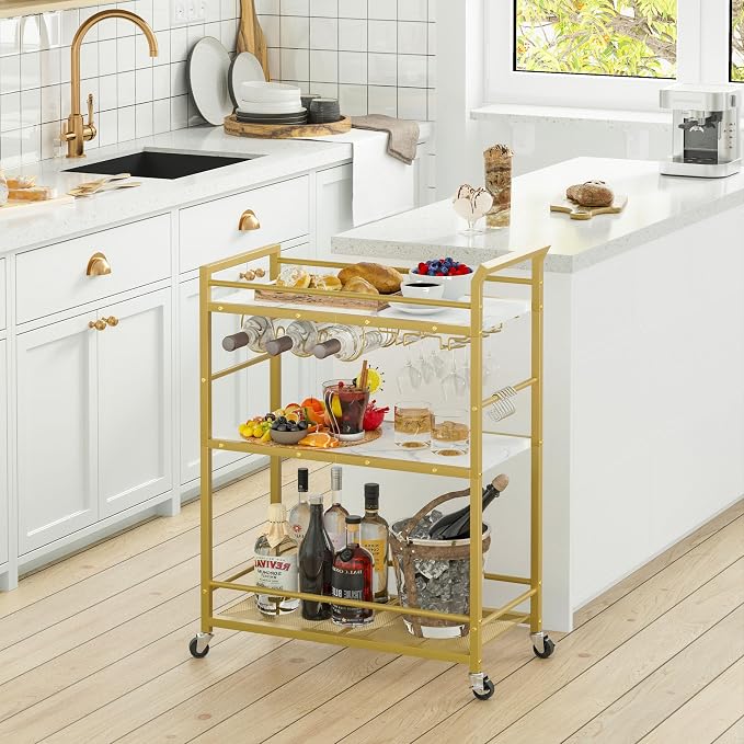 3 Tier Bar Cart, Small Beverage Cart, Mini Bar Cart with Wine Rack, Compact Mini Bar Cart - Please Refer to the Exact Dimensions for Usage Matching Dimensions: 22" W × 13" D × 35.8" H GBC507G