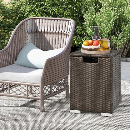 Tangkula Outdoor Propane Tank Cover Table, Patiojoy Wicker Hideaway for Gas Fire Pits, 20 lbs Tank Storage Box, Outdoor Side Table & Holder (Mix Brown)