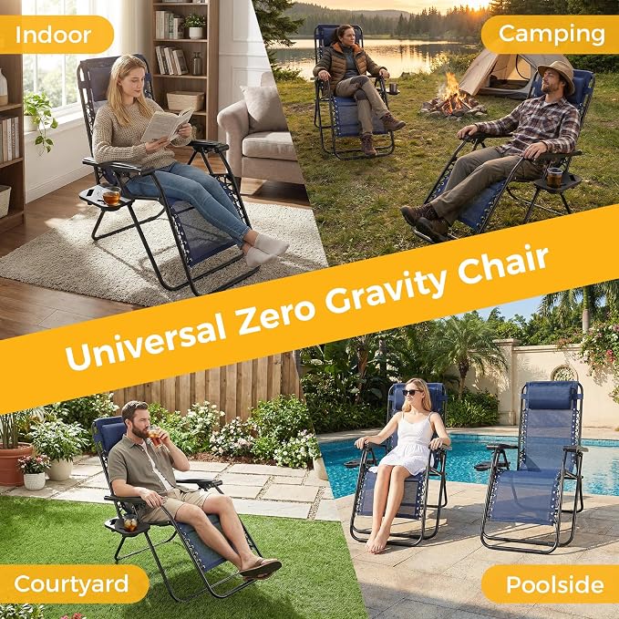 NEWBULIG Zero Gravity Chairs Set of 2, Folding Lounge Recliner Chair | Portable Lawn Camping Recliner with Adjustable Pollow, Mesh Back, Cup Holder Trays for Pool Beach Patio, Navy Blue