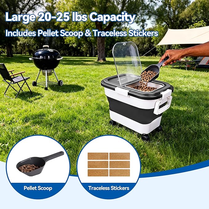 Wood Pellet Storage Container 20-25lbs, Airtight Bin with Locking Lid & Clear Window, Collapsible Pellet Bucket with Wheels, Scoop & Labels, Black & White