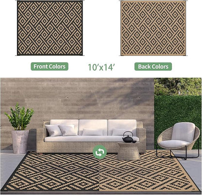 GENIMO Outdoor Rug, Waterproof Plastic Rugs 10'x14' for Camping Black Brown | Outside Larger Modern Carpet Mat for Patio Decor, RV, Porch, Camper, Deck, Picnic, Beach, Backyard, Reversible, Foldable