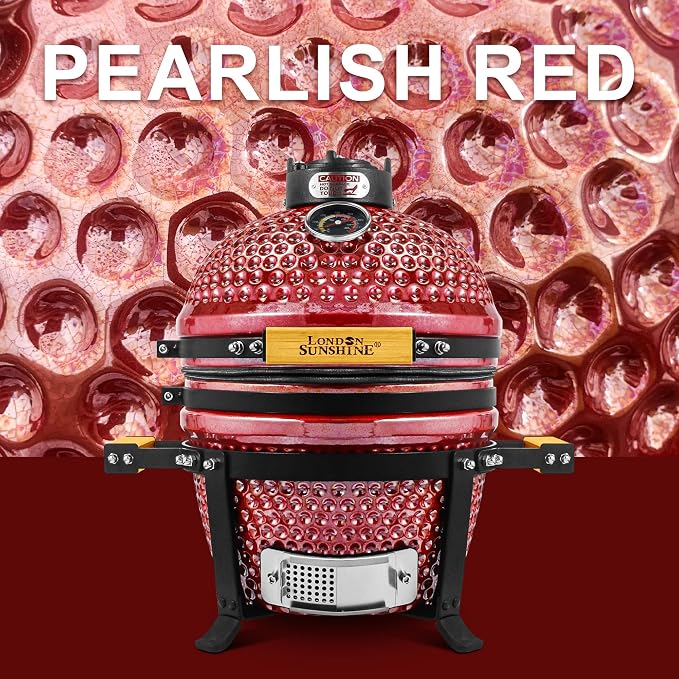 London Sunshine Ceramic BBQ Charcoal Kamado Grill 13 inch Portable Tabletop BBQ Grill with Stainless Steel Grates, pearlescent red