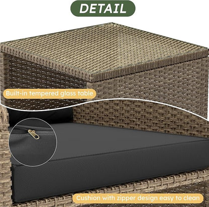 5 Piece Patio Furniture Set, PE Wicker Outdoor Furniture Set with Soft Cushions & Coffee Table, Outdoor Lounge Chairs with Ottoman for Porch, Lawn, Balcony, Yellow-Black