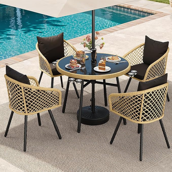 YITAHOME Outdoor Dining Set with Umbralle Hole, 5pcs Rattan Patio Dining Set for 4 with Cup Holders Soft Cushions and Glass Top Dining Table for Patio, Backyard, Garden, Bacony, Light Brown & Black
