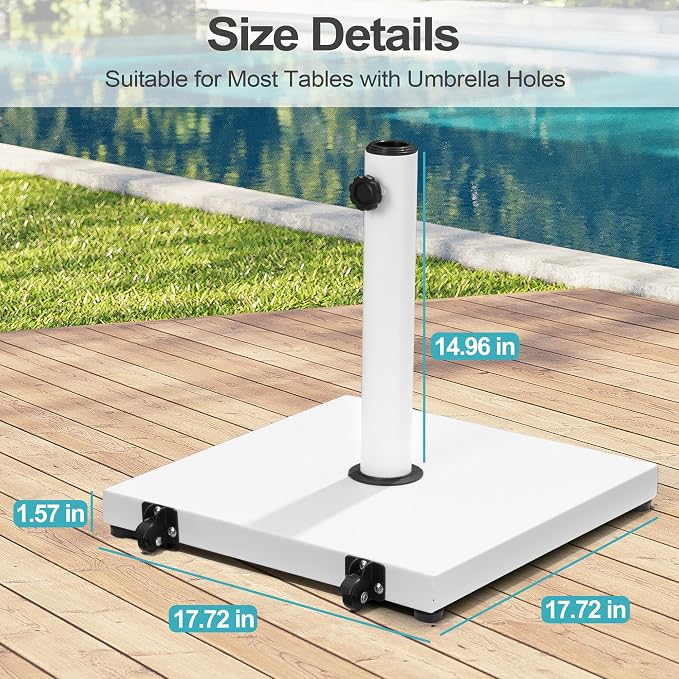 Patio Umbrella Base with Wheels, 43lbs White Outdoor Umbrella Stand | With 2 Wheels, Square Heavy Duty Base, Suitable for 6-12FT Market & Fringe Umbrella, for Deck, Lawn, Pool