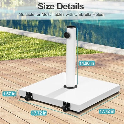 Patio Umbrella Base with Wheels, 43lbs White Outdoor Umbrella Stand | With 2 Wheels, Square Heavy Duty Base, Suitable for 6-12FT Market & Fringe Umbrella, for Deck, Lawn, Pool