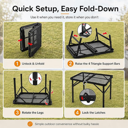 Folding Grill Table Camping Table with Mesh Desktop, Lightweight & Portable Outdoor Picnic Table, Height Adjustable Portable for Outside Inside Use