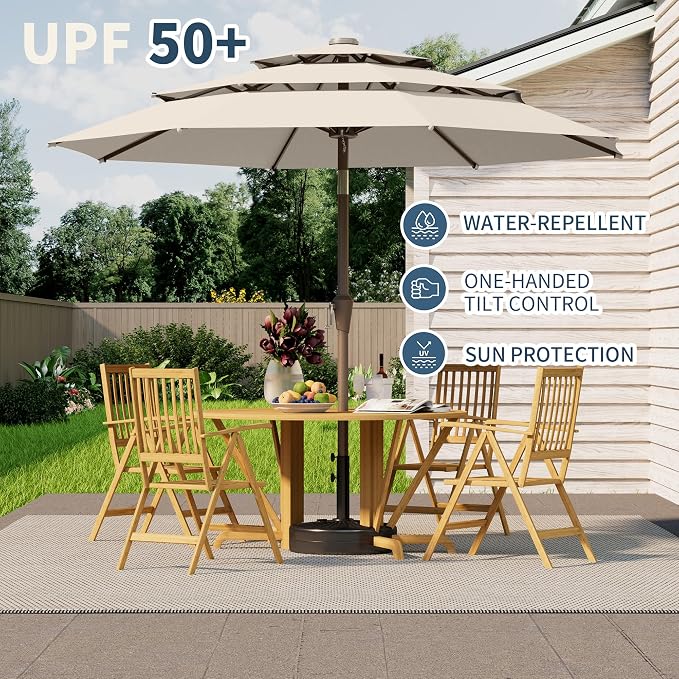 9FT 3 Tiers Patio Umbrella With Auto Tilt And Crank, Outdoor Table Market Umbrella with 8 Sturdy Ribs for Garden, Lawn, Deck, Backyard and Pool
