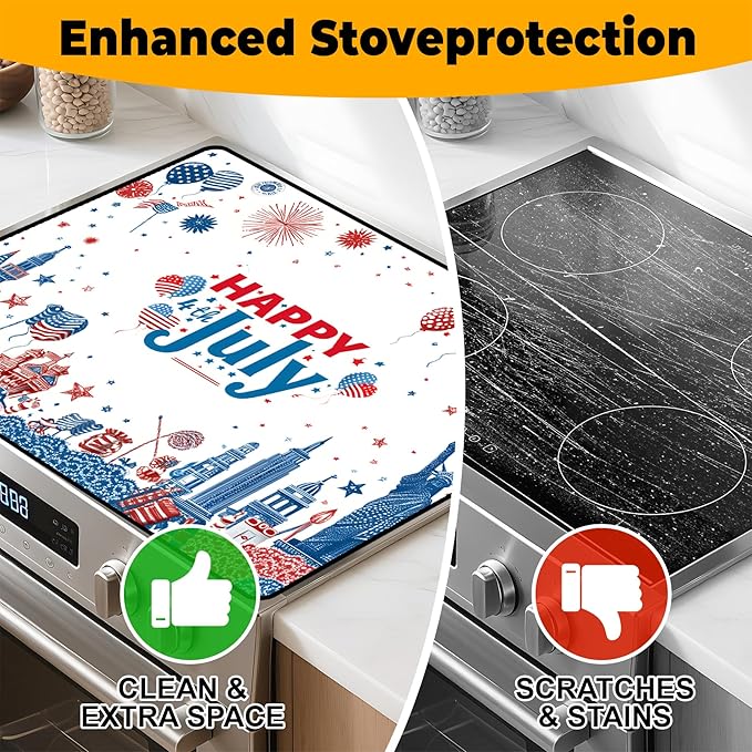 Patriotic Stove Top Cover, Heat Resistant Electric Stove Protector Mat, Large Diatomite Kitchen Counter Mat, Independence Day Decor American Flag Kitchen Accessory (happy july-2, 28x20 Inch)