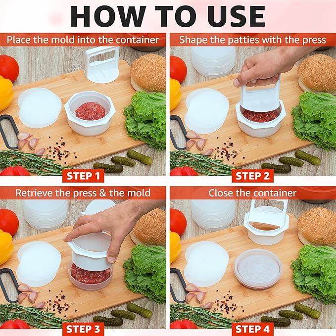 Hamburger Press Patty Maker - 4 in1, Burger Mold, Patty Press, 7 Storage Containers, 100 Round Papers - Hamburger Patty Maker Tool for BBQ - Burger Shaper for Meat, Veggie Patties