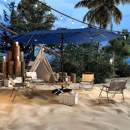 AreShark 15FT Large Rectangular Patio Umbrella with Solar Lights, Deep Navy | Rectangle Lighted Outdoor Umbrella with Crank, Double-Sided Market Umbrella with Base for Porch, Lawn, Pool, Backyard