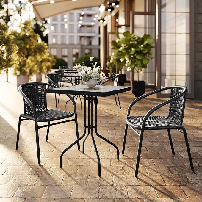 Flash Furniture Lila 23.5'' Square Glass Metal Table with 2 Black Rattan Stack Chairs | Durable Construction, Commercial Use
